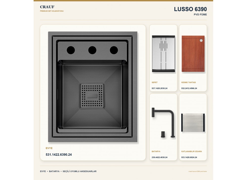 Crauf Lusso 6390 PVD Füme 38×47 cm Evye + Lusso 4030 PVD Füme Batarya 5 Parça Premium Set Crauf Lusso 6390 PVD Füme 38×47 cm Evye + Lusso 4030 PVD Füme Batarya 5 Parça Premium Set