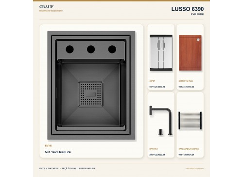 Crauf Lusso 6390 PVD Füme 38×47 cm Evye + Lusso 4030 PVD Füme Batarya 5 Parça Premium Set