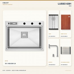 Crauf Lusso 6391 İnox 64×49 cm Evye + Lusso 4030 Çelik Batarya 5 Parça Premium Set