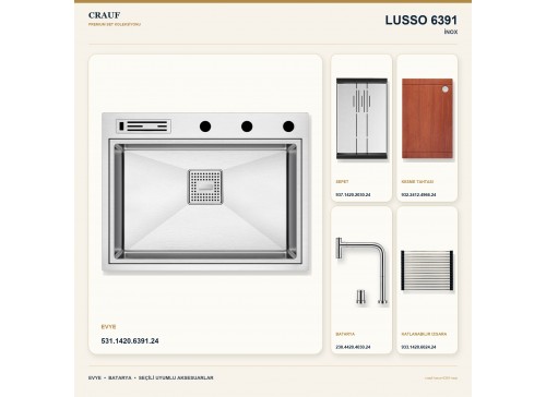 Crauf Lusso 6391 İnox 64×49 cm Evye + Lusso 4030 Çelik Batarya 5 Parça Premium Set
