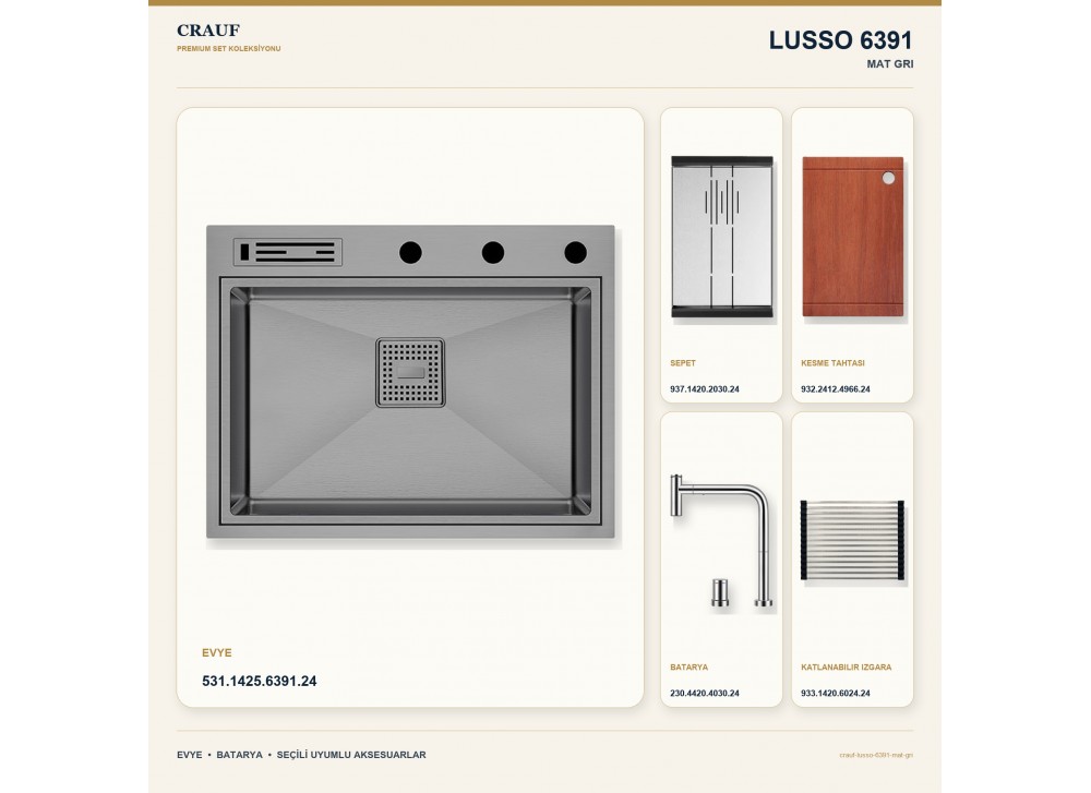 Crauf Lusso 6391 Mat Gri 64×49 cm Evye + Lusso 4030 Çelik (Mat Gri evye için nötr alternatif) Batarya 5 Parça Set Crauf Lusso 6391 Mat Gri 64×49 cm Evye + Lusso 4030 Çelik (Mat Gri evye için nötr alternatif) Batarya 5 Parça Set