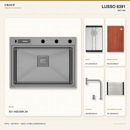Crauf Lusso 6391 Mat Gri 64×49 cm Evye + Lusso 4030 Çelik (Mat Gri evye için nötr alternatif) Batarya 5 Parça Set