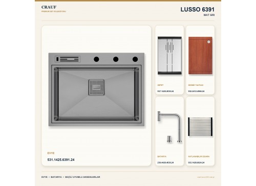 Crauf Lusso 6391 Mat Gri 64×49 cm Evye + Lusso 4030 Çelik (Mat Gri evye için nötr alternatif) Batarya 5 Parça Set