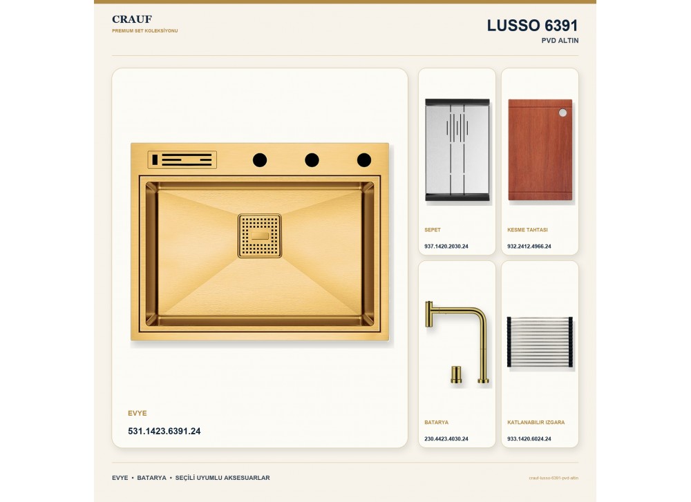 Crauf Lusso 6391 PVD Altın 64×49 cm Evye + Lusso 4030 PVD Altın Batarya 5 Parça Premium Set Crauf Lusso 6391 PVD Altın 64×49 cm Evye + Lusso 4030 PVD Altın Batarya 5 Parça Premium Set