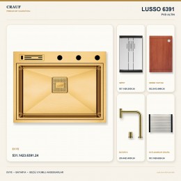Crauf Lusso 6391 PVD Altın 64×49 cm Evye + Lusso 4030 PVD Altın Batarya 5 Parça Premium Set