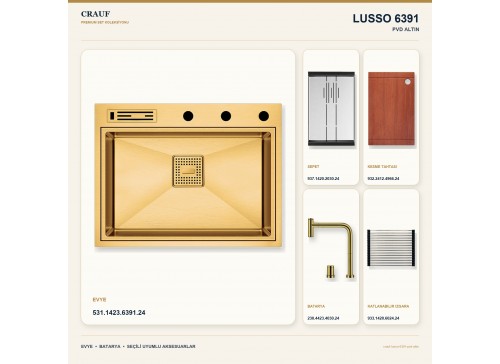 Crauf Lusso 6391 PVD Altın 64×49 cm Evye + Lusso 4030 PVD Altın Batarya 5 Parça Premium Set