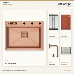 Crauf Lusso 6391 PVD Bakır 64×49 cm Evye + Lusso 4030 PVD Bakır Batarya 5 Parça Premium Set