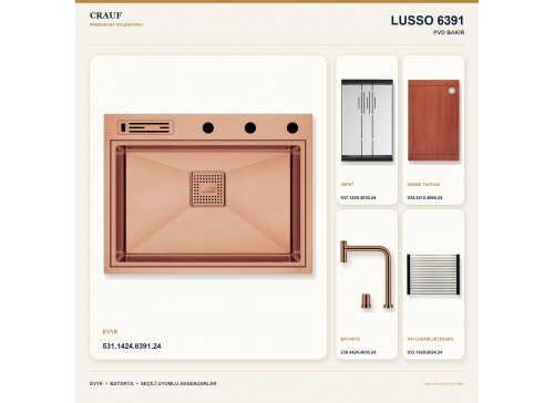 Crauf Lusso 6391 PVD Bakır 64×49 cm Evye + Lusso 4030 PVD Bakır Batarya 5 Parça Premium Set