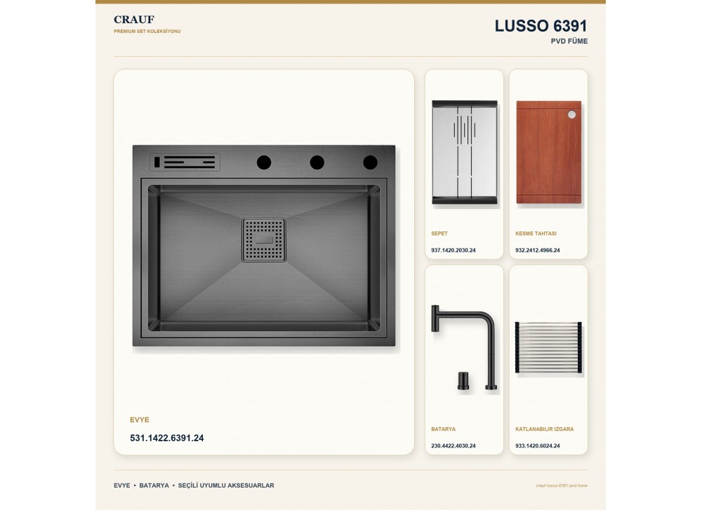 Crauf Lusso 6391 PVD Füme 64×49 cm Evye + Lusso 4030 PVD Füme Batarya 5 Parça Premium Set Crauf Lusso 6391 PVD Füme 64×49 cm Evye + Lusso 4030 PVD Füme Batarya 5 Parça Premium Set