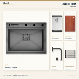 Crauf Lusso 6391 PVD Füme 64×49 cm Evye + Lusso 4030 PVD Füme Batarya 5 Parça Premium Set