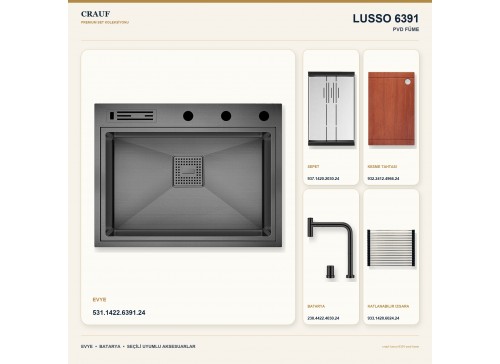 Crauf Lusso 6391 PVD Füme 64×49 cm Evye + Lusso 4030 PVD Füme Batarya 5 Parça Premium Set