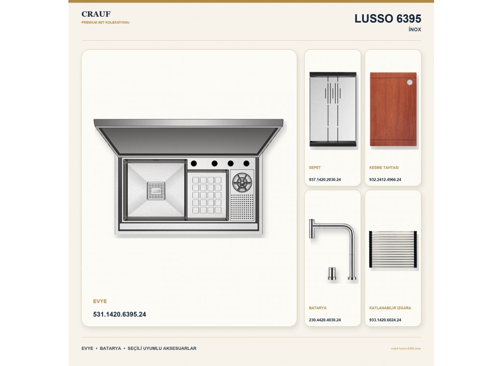 Crauf Lusso 6395 İnox 88×50 cm Evye + Lusso 4030 Çelik Batarya 5 Parça Premium Set Crauf Lusso 6395 İnox 88×50 cm Evye + Lusso 4030 Çelik Batarya 5 Parça Premium Set