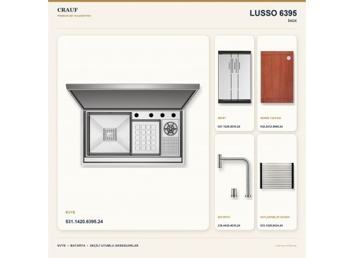 Crauf Lusso 6395 İnox 88×50 cm Evye + Lusso 4030 Çelik Batarya 5 Parça Premium Set