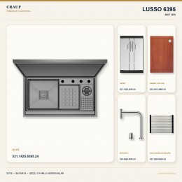Crauf Lusso 6395 Mat Gri 88×50 cm Evye + Lusso 4030 Çelik (Mat Gri evye için nötr alternatif) Batarya 5 Parça Set