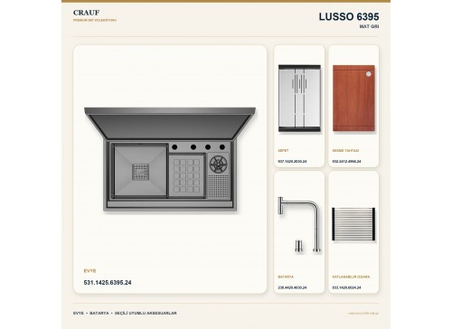 Crauf Lusso 6395 Mat Gri 88×50 cm Evye + Lusso 4030 Çelik (Mat Gri evye için nötr alternatif) Batarya 5 Parça Set