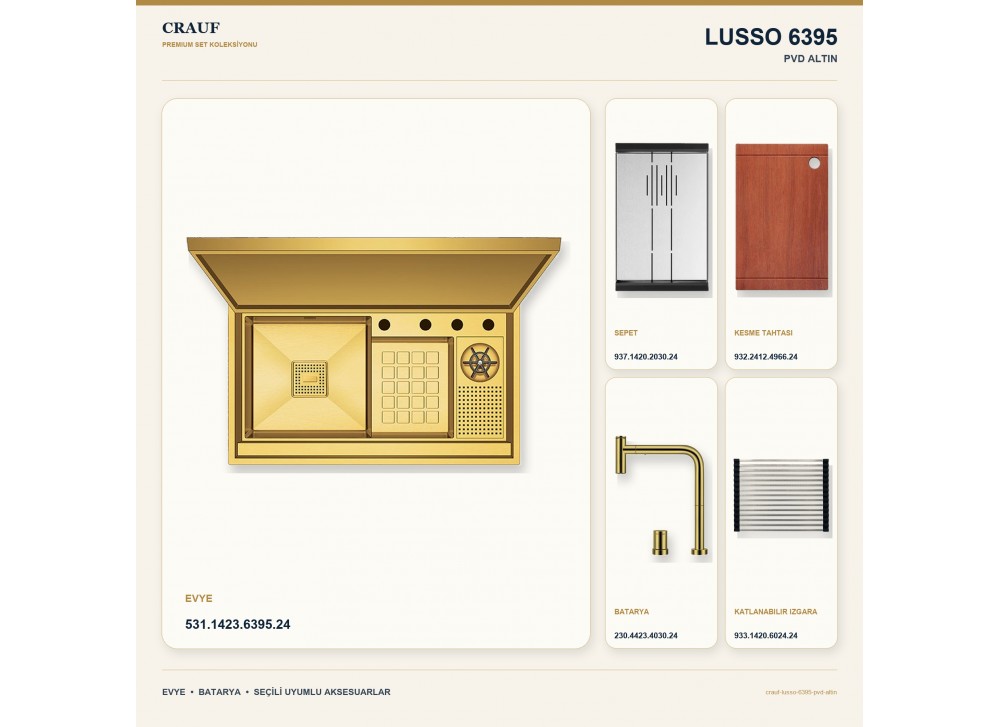 Crauf Lusso 6395 PVD Altın 88×50 cm Evye + Lusso 4030 PVD Altın Batarya 5 Parça Premium Set Crauf Lusso 6395 PVD Altın 88×50 cm Evye + Lusso 4030 PVD Altın Batarya 5 Parça Premium Set