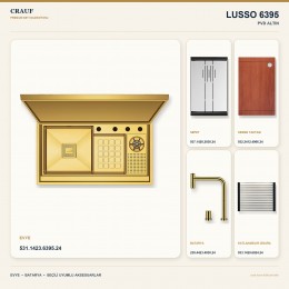 Crauf Lusso 6395 PVD Altın 88×50 cm Evye + Lusso 4030 PVD Altın Batarya 5 Parça Premium Set