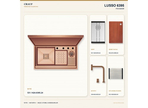 Crauf Lusso 6395 PVD Bakır 88×50 cm Evye + Lusso 4030 PVD Bakır Batarya 5 Parça Premium Set