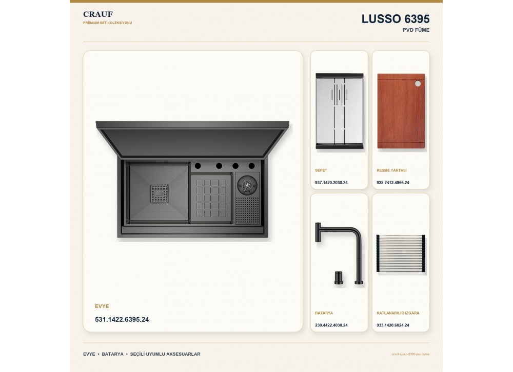 Crauf Lusso 6395 PVD Füme 88×50 cm Evye + Lusso 4030 PVD Füme Batarya 5 Parça Premium Set Crauf Lusso 6395 PVD Füme 88×50 cm Evye + Lusso 4030 PVD Füme Batarya 5 Parça Premium Set