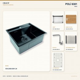 Crauf Poli 6301 İnox 58×51 cm Evye + Pesce 4060 Çelik Batarya 6 Parça Premium Set