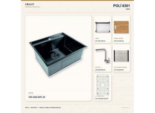 Crauf Poli 6301 İnox 58×51 cm Evye + Pesce 4060 Çelik Batarya 6 Parça Premium Set