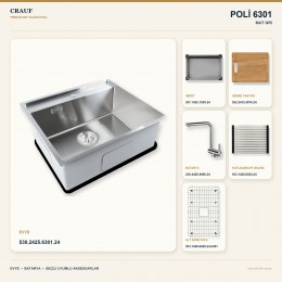 Crauf Poli 6301 Mat Gri 58×51 cm Evye + Pesce 4060 Çelik Batarya 6 Parça Set