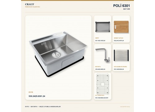 Crauf Poli 6301 Mat Gri 58×51 cm Evye + Pesce 4060 Çelik Batarya 6 Parça Set