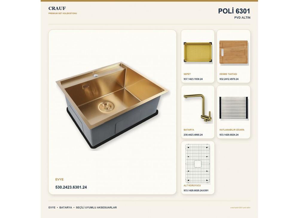 Crauf Poli 6301 PVD Altın 58×51 cm Evye + Pesce 4060 PVD Altın Batarya 6 Parça Premium Set Crauf Poli 6301 PVD Altın 58×51 cm Evye + Pesce 4060 PVD Altın Batarya 6 Parça Premium Set