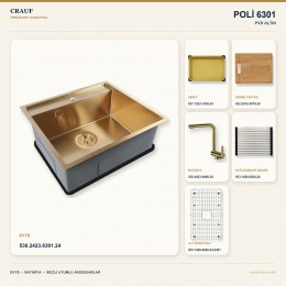 Crauf Poli 6301 PVD Altın 58×51 cm Evye + Pesce 4060 PVD Altın Batarya 6 Parça Premium Set