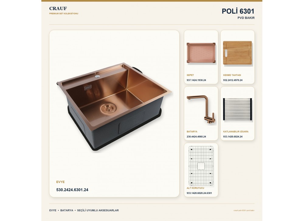 Crauf Poli 6301 PVD Bakır 58×51 cm Evye + Pesce 4060 PVD Bakır Batarya 6 Parça Premium Set Crauf Poli 6301 PVD Bakır 58×51 cm Evye + Pesce 4060 PVD Bakır Batarya 6 Parça Premium Set