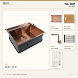 Crauf Poli 6301 PVD Bakır 58×51 cm Evye + Pesce 4060 PVD Bakır Batarya 6 Parça Premium Set