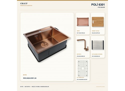 Crauf Poli 6301 PVD Bakır 58×51 cm Evye + Pesce 4060 PVD Bakır Batarya 6 Parça Premium Set