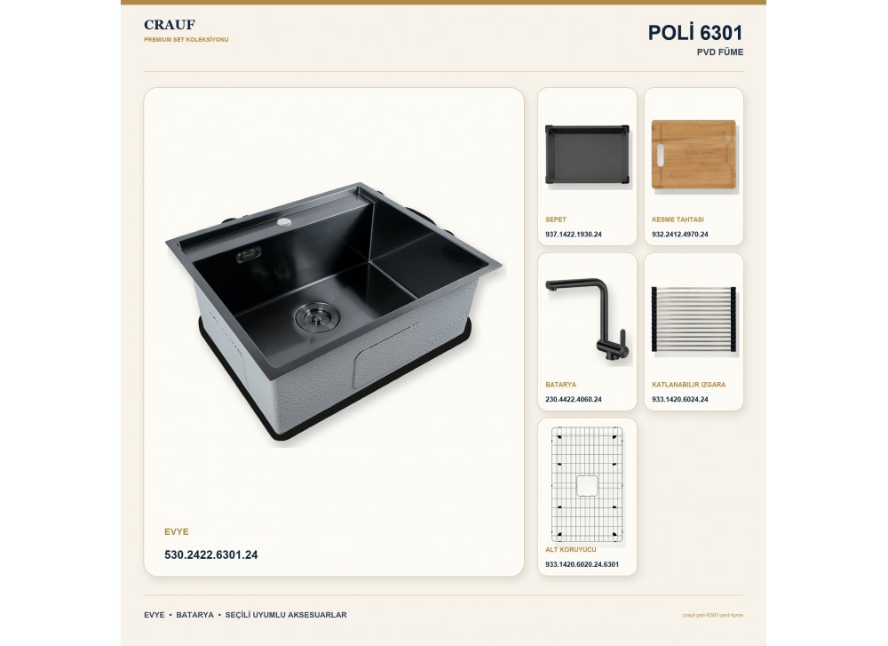 Crauf Poli 6301 PVD Füme 58×51 cm Evye + Pesce 4060 PVD Füme Batarya 6 Parça Premium Set Crauf Poli 6301 PVD Füme 58×51 cm Evye + Pesce 4060 PVD Füme Batarya 6 Parça Premium Set