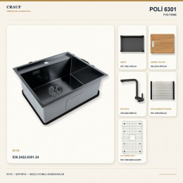 Crauf Poli 6301 PVD Füme 58×51 cm Evye + Pesce 4060 PVD Füme Batarya 6 Parça Premium Set