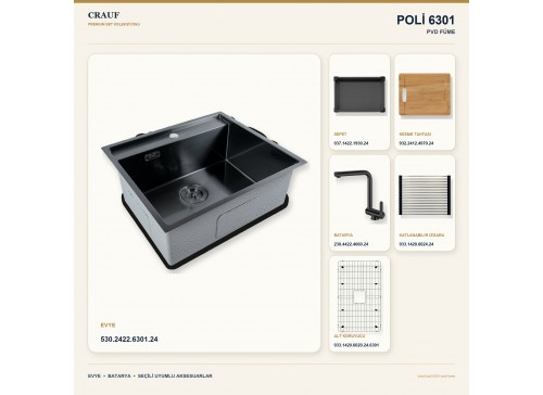 Crauf Poli 6301 PVD Füme 58×51 cm Evye + Pesce 4060 PVD Füme Batarya 6 Parça Premium Set