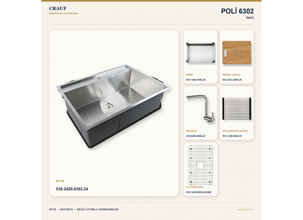 Crauf Poli 6302 İnox 68×51 cm Evye + Pesce 4060 Çelik Batarya 6 Parça Premium Set Crauf Poli 6302 İnox 68×51 cm Evye + Pesce 4060 Çelik Batarya 6 Parça Premium Set