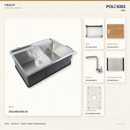 Crauf Poli 6302 İnox 68×51 cm Evye + Pesce 4060 Çelik Batarya 6 Parça Premium Set