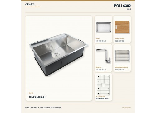 Crauf Poli 6302 İnox 68×51 cm Evye + Pesce 4060 Çelik Batarya 6 Parça Premium Set