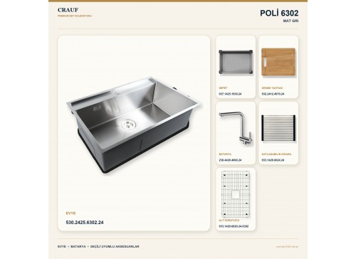 Crauf Poli 6302 Mat Gri 68×51 cm Evye + Pesce 4060 Çelik Batarya 6 Parça Set