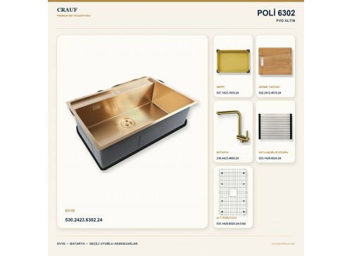 Crauf Poli 6302 PVD Altın 68×51 cm Evye + Pesce 4060 PVD Altın Batarya 6 Parça Premium Set