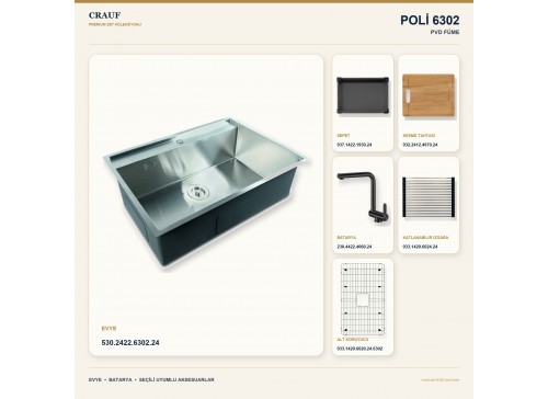 Crauf Poli 6302 PVD Füme 68×51 cm Evye + Pesce 4060 PVD Füme Batarya 6 Parça Premium Set