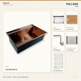 Crauf Poli 6303 İnox 78×51 cm Evye + Pesce 4060 Çelik Batarya 6 Parça Premium Set