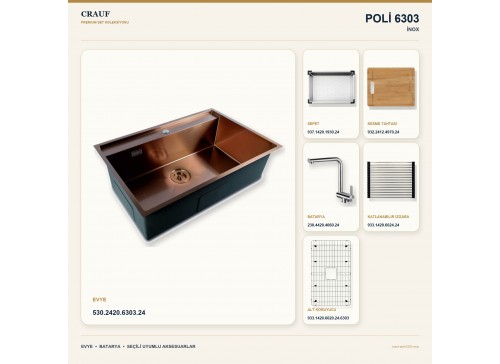 Crauf Poli 6303 İnox 78×51 cm Evye + Pesce 4060 Çelik Batarya 6 Parça Premium Set