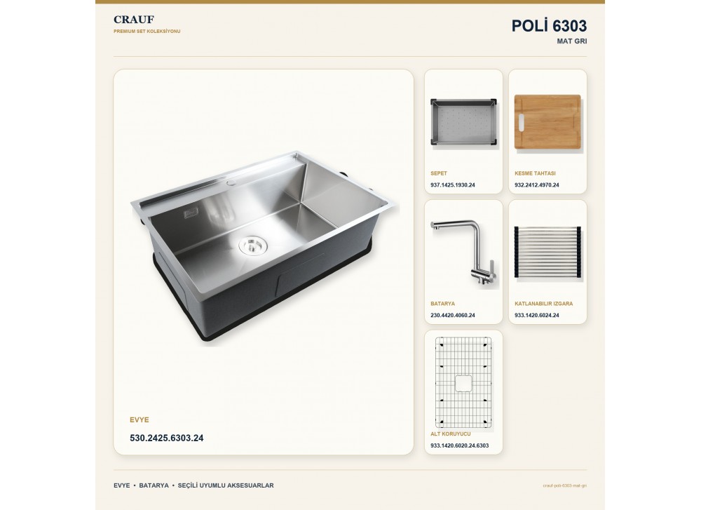Crauf Poli 6303 Mat Gri 78×51 cm Evye + Pesce 4060 Çelik Batarya 6 Parça Set Crauf Poli 6303 Mat Gri 78×51 cm Evye + Pesce 4060 Çelik Batarya 6 Parça Set