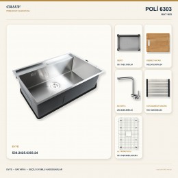 Crauf Poli 6303 Mat Gri 78×51 cm Evye + Pesce 4060 Çelik Batarya 6 Parça Set