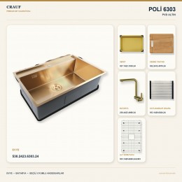 Crauf Poli 6303 PVD Altın 78×51 cm Evye + Pesce 4060 PVD Altın Batarya 6 Parça Premium Set