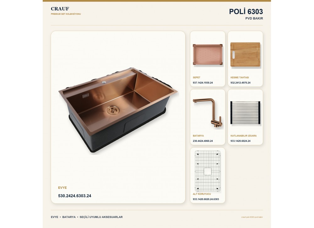 Crauf Poli 6303 PVD Bakır 78×51 cm Evye + Pesce 4060 PVD Bakır Batarya 6 Parça Premium Set Crauf Poli 6303 PVD Bakır 78×51 cm Evye + Pesce 4060 PVD Bakır Batarya 6 Parça Premium Set
