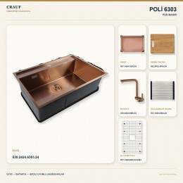 Crauf Poli 6303 PVD Bakır 78×51 cm Evye + Pesce 4060 PVD Bakır Batarya 6 Parça Premium Set