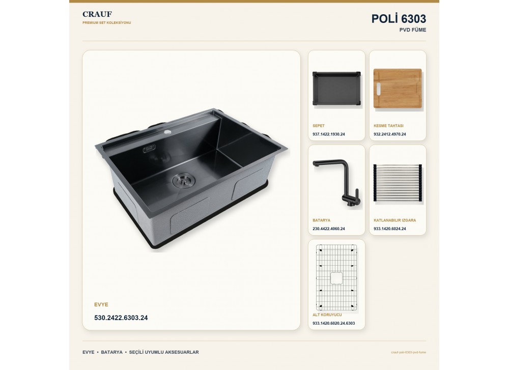 Crauf Poli 6303 PVD Füme 78×51 cm Evye + Pesce 4060 PVD Füme Batarya 6 Parça Premium Set Crauf Poli 6303 PVD Füme 78×51 cm Evye + Pesce 4060 PVD Füme Batarya 6 Parça Premium Set
