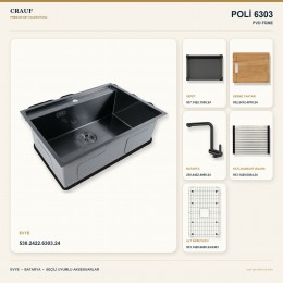 Crauf Poli 6303 PVD Füme 78×51 cm Evye + Pesce 4060 PVD Füme Batarya 6 Parça Premium Set